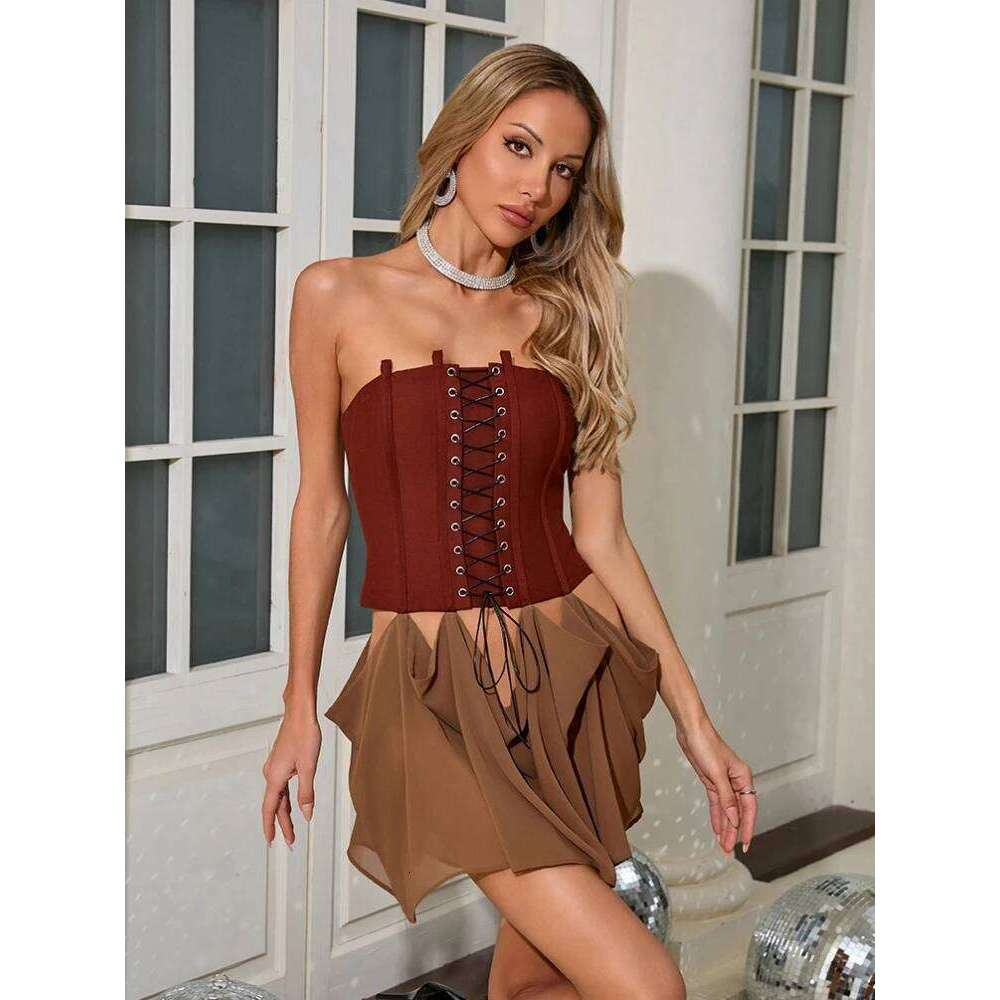 Sexy Strapless Lace-Up Design Corset Mini Dress Women Sleeveless Backless Patchwork Hollow Out Dresses Evening Party tail