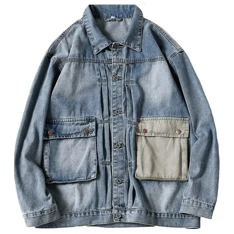 American Retro Old Denim Jacket Mens Spring Short Slim Tooling Casual Washed Patchwork Cargo Straight Jeans Coats Blue 250614