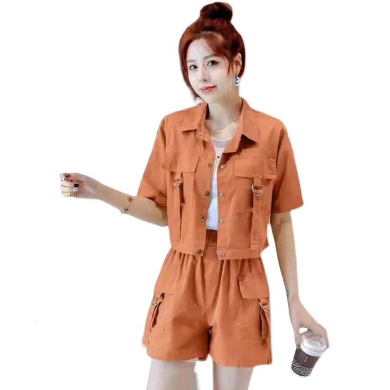 Womens Cropped Short Sleeve Lapel Jacket Summer Workwear Style Independent Station Shorts Trendy Casual Wear 250609