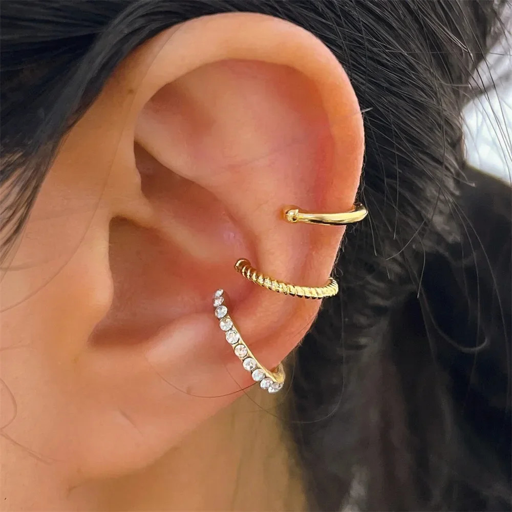 3PCS Vintage Simple Metal Crystal Ear Cuff for Women Teens Gold Color Non Piercing Cartilage Clip Earrings Set Jewelry Gift 250610