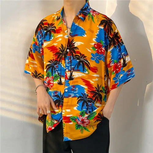 Men Street Fashion Summer Daily Shirt Hawaiian Cartoon Print Casual Loose Shirts Short Sleeve Beach Loose Tops Button Up Shirts 250609