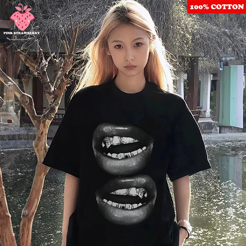 Funny Lips Print T-shirt Womens Summer 100% Cotton Short Sleeve Tee Hip Hop Streetwear Casual Y2k Top dames clothing 250613