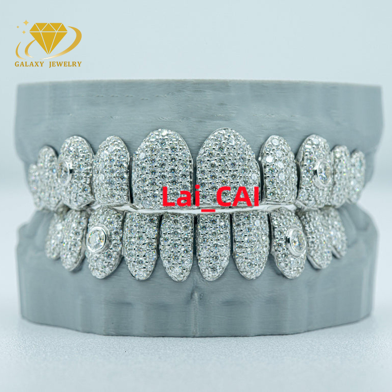 Silver 925 Hip Hop Jewelry Honeycomb Teeth Grilliz With Custom 15 Pointer Stone on Fang Ice Out Moissanite Diamond Grillz