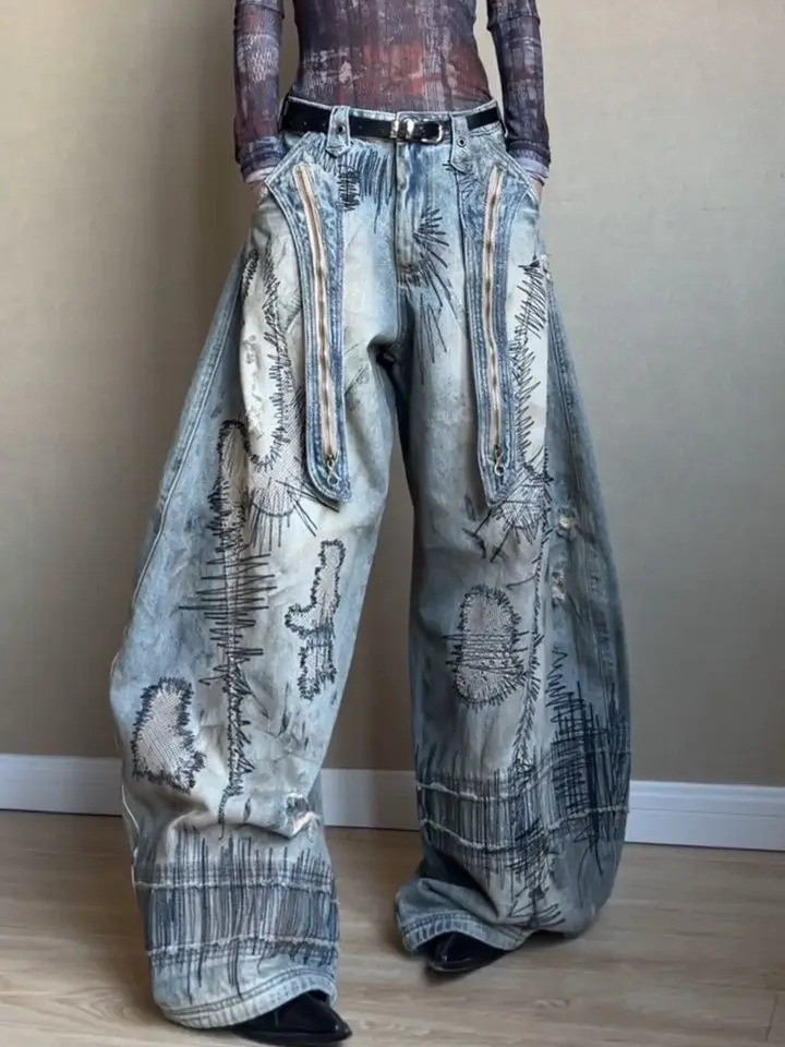 American Retro Washed Denim Jeans with Distressed and Printed n Loose Wideleg Streetwear Pants for Women 250612