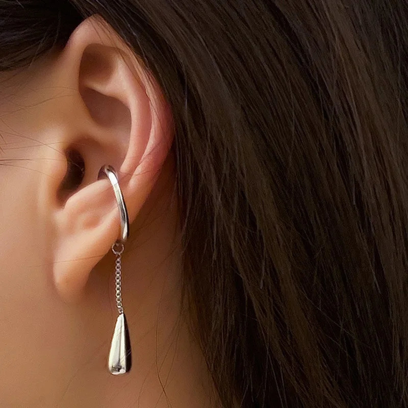 2pcs/set C-shaped Simple Personality Tassel Stainless Steel Earring Water Drop Pendant Ear Clip Jewelry Party Gifts 2025 250610