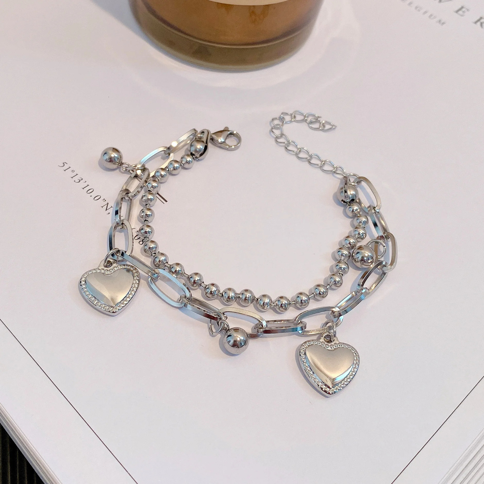 Ins Double-layers Korean Heart Tassel Bracelets For Women Stainless Steel Thick Chain Beaded Bangle Hiphop Bracelet Jewelry Gift 250610