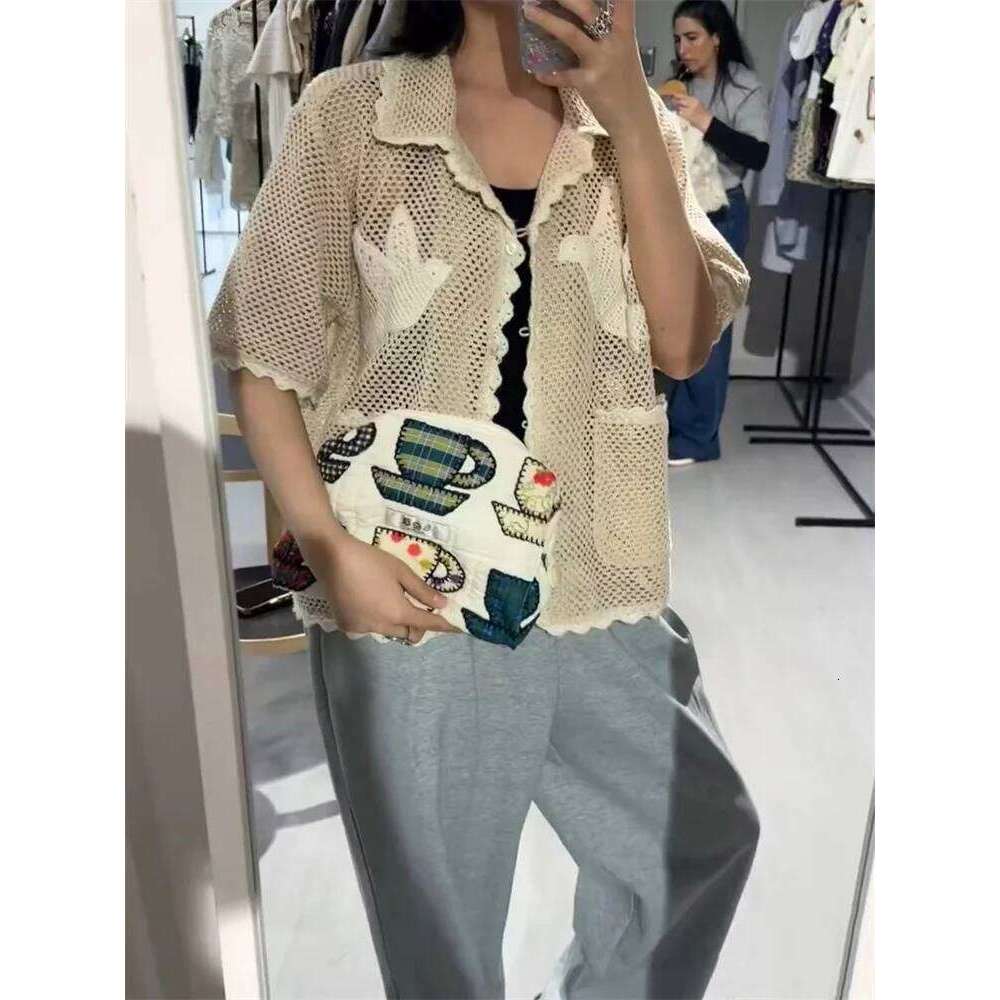 Embroidered Crochet Knit Shirt For Women Short Sleeve Ladies Mesh Hollow Out Knitted Blouse Tops