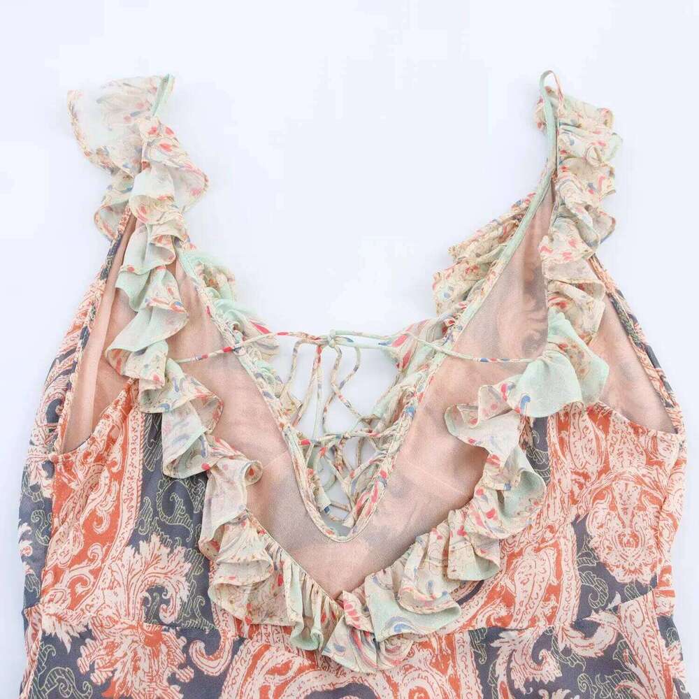 Womens Elegant Sexy Ruffled Patchwork Neckline V Neck Sleeveless Spaghetti Strap Mid - Length Printed Dress