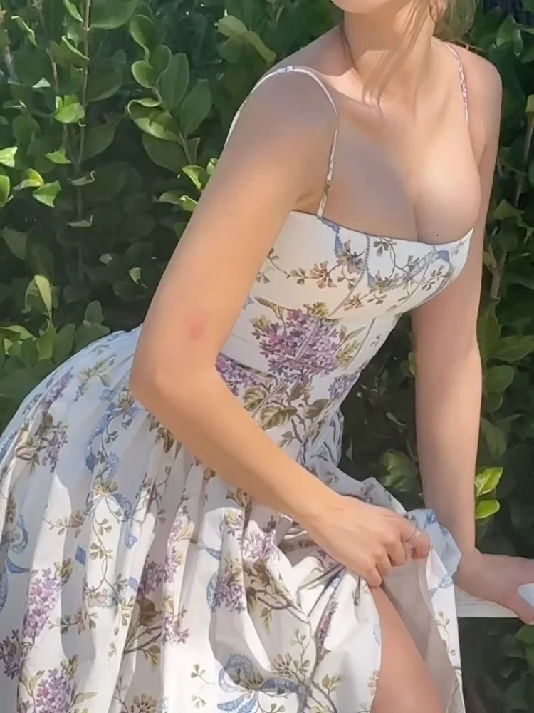 Elegant High Waist Pleated Print Long Dress For Women Fashion Backless Sleeveless Aline Dresses Summer Vacation Streetwear 250611