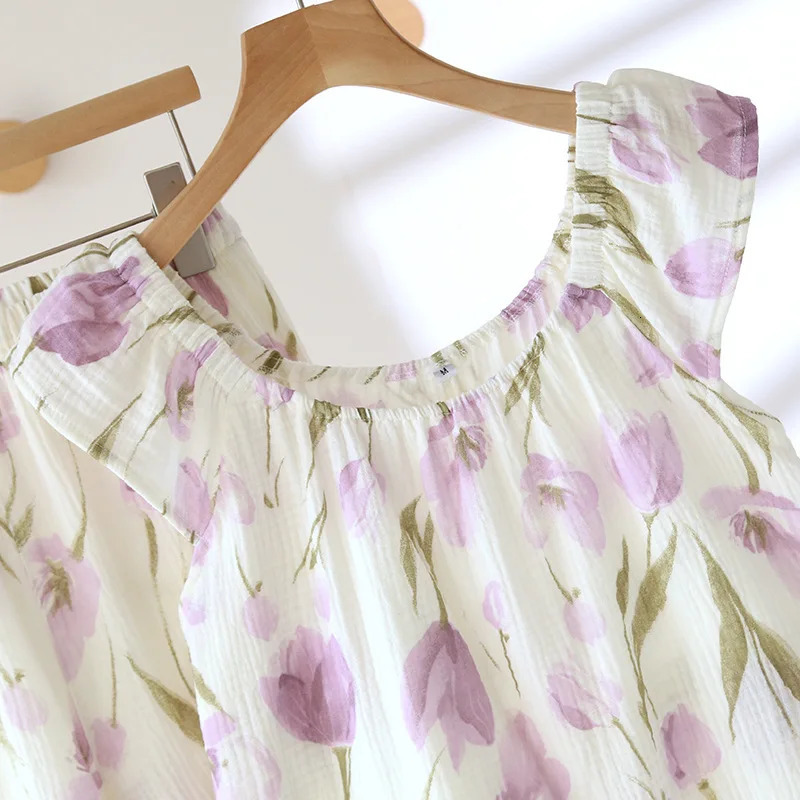 Womens Summer Pajama Set 100% Cotton Crepe VestShorts Two Piece Loose Home Clothing Sleepwear Ladies 250611