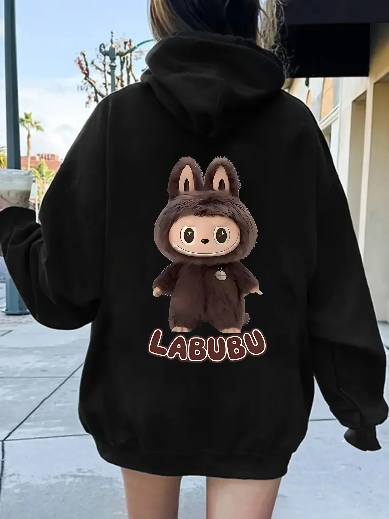 Labubu Cartoon Print Hoodie for Women Casual Polyester Pullover with Slight Stretch Alphabet Pattern Hooded Sweatshirt 250614