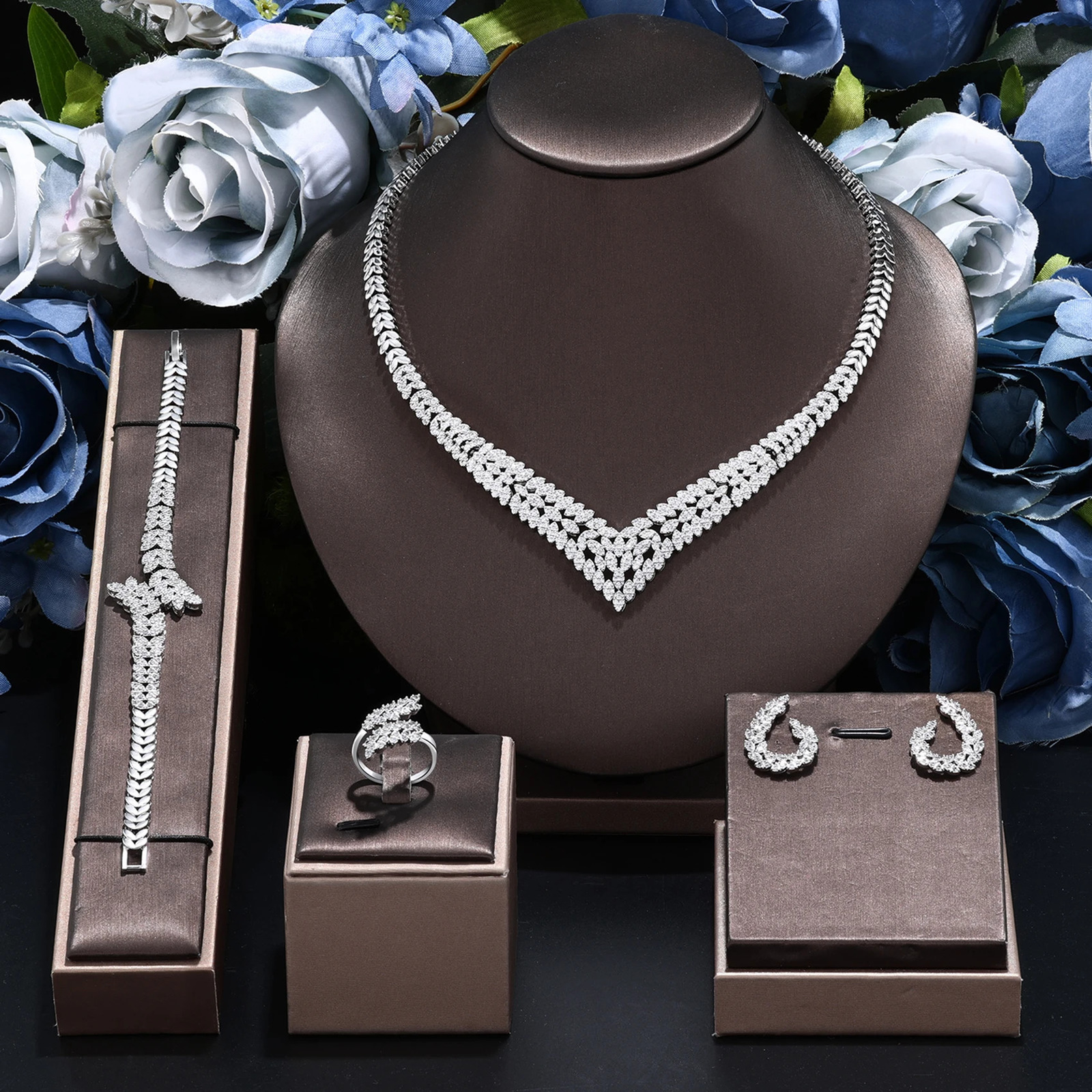 Wedding Jewelry Set for Women Saudi Arabia 4 Pieces Zirconia Bridal Jewellery Collection Necklace Set 250609