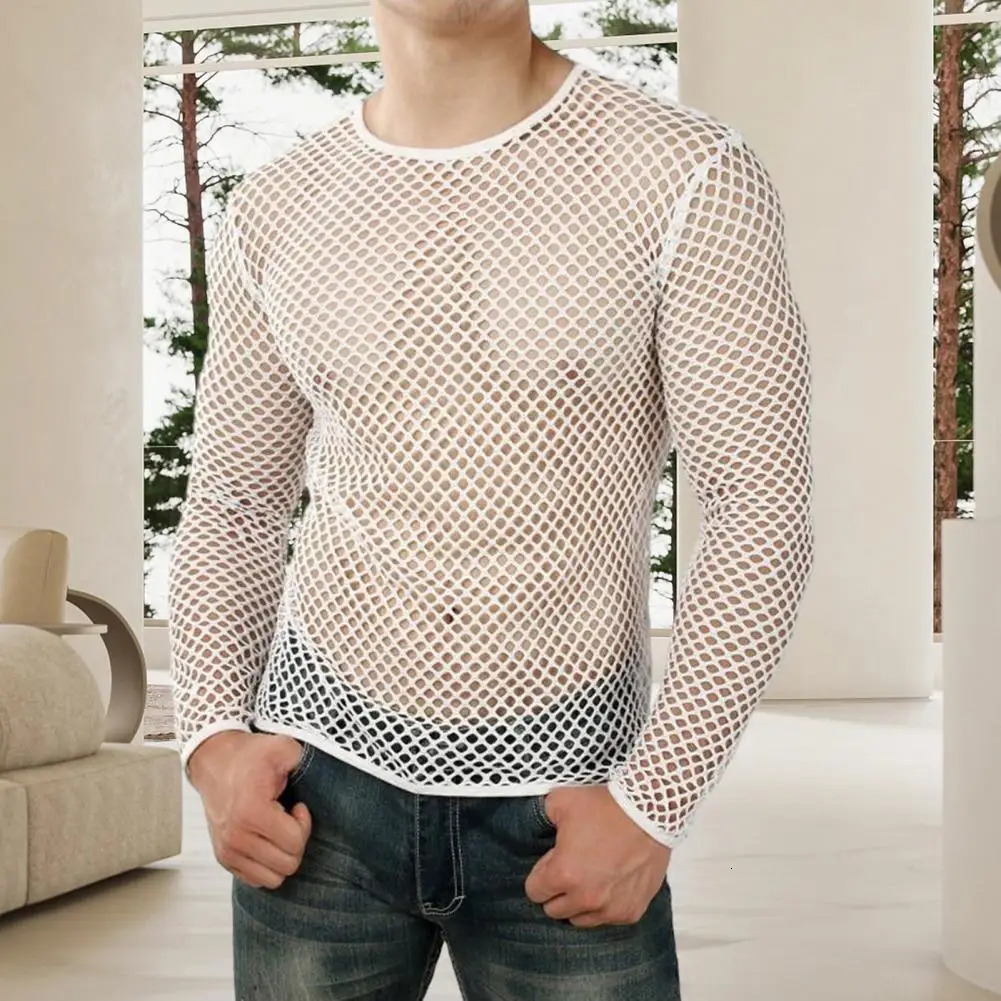 Men Club Top See-through Hollow Out Fishnet O Neck Short Sleeve Loose Thin Pullover Hip Hop Streetwear Men T-shirt 250614
