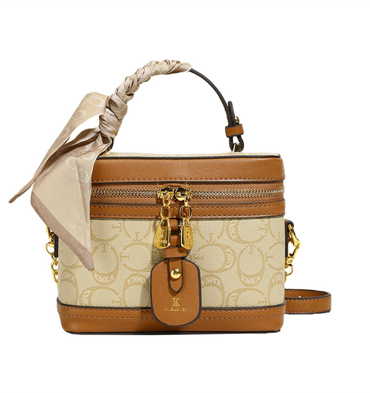 Free shipping designer high-end printed hand-held box bag, women's 2025 new fashionable single shoulder crossbody bucket bag, contrasting color b