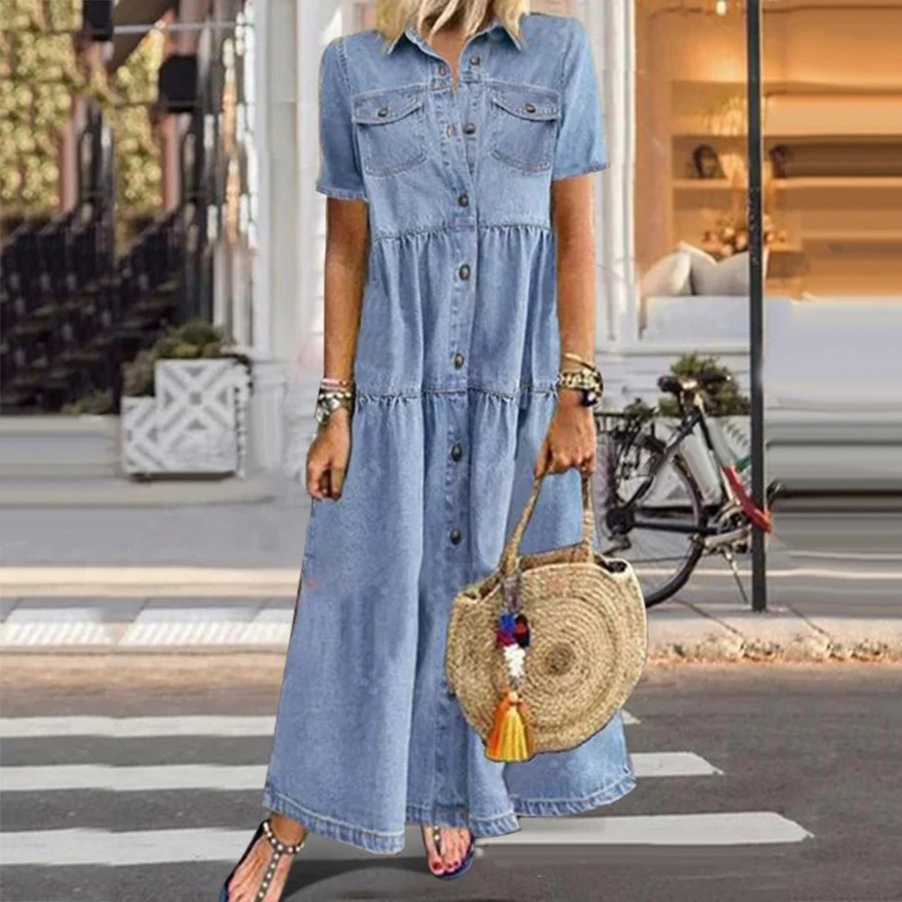 Retro Women Dresses Short Sleeve Turn Down Collar Pockets Button Long Loose Denim Dress Summer Long Dress 250609