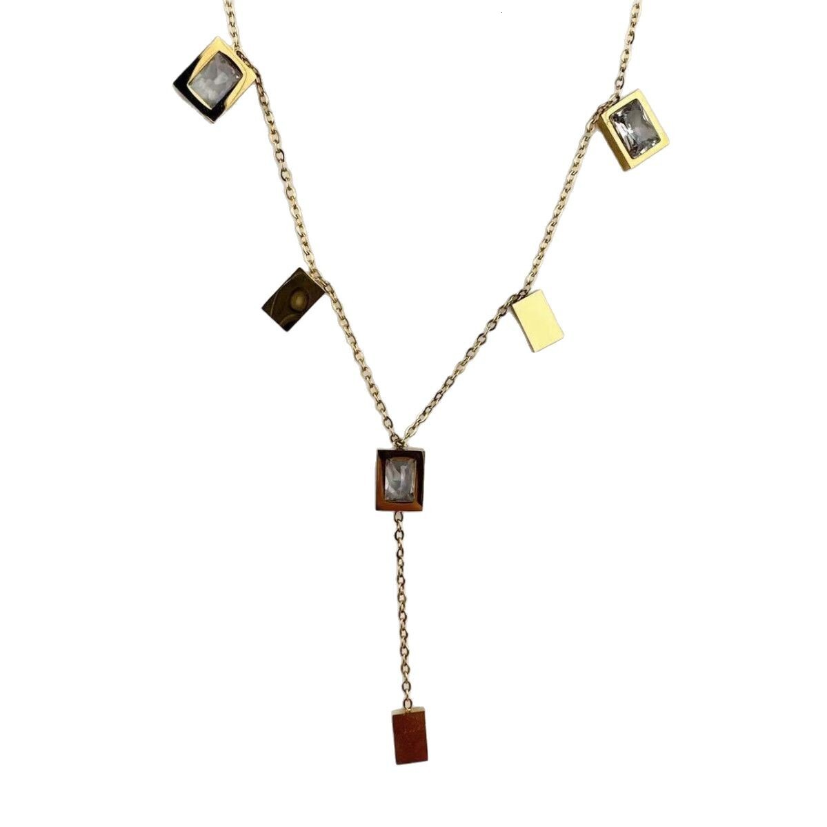Fashion Light Style Personality Dia-Encrusted Rectangular Tassel Necklace for Women Niche Titanium Steel Non-Fading Jewelry