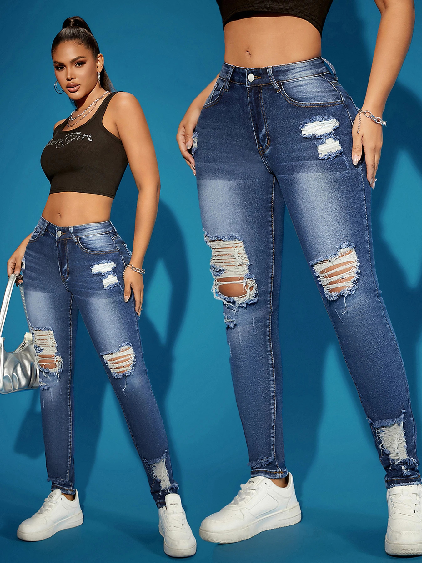 Womens Ripped Super Stretch Skinny Jeans High Waist Tummy Control Black Destroyed Vintage Nightclub Trendy Selling 250612