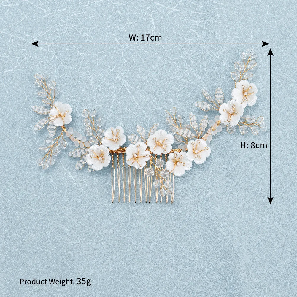 Handmade Wedding Fancy Gold White Flowers with Crystal and Pearl Bead Bridal Hair Comb 250610