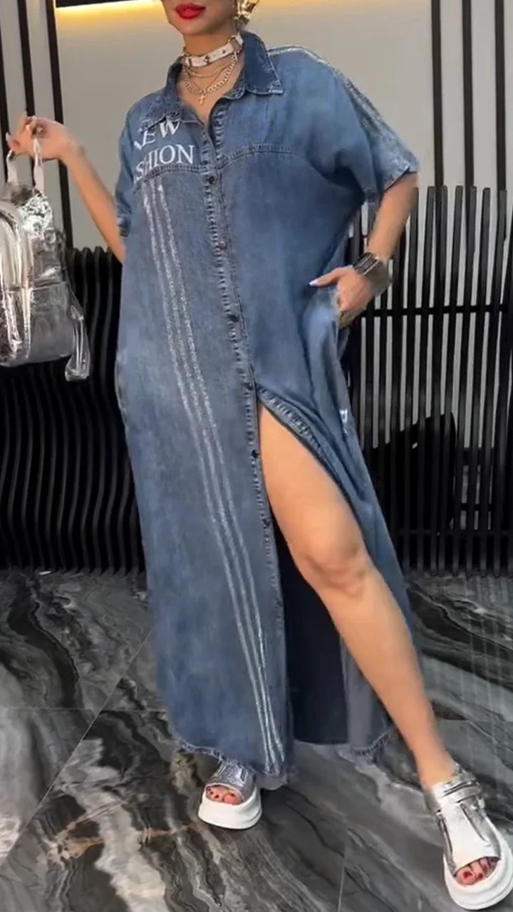 Women Lapel Tencel Denim Comfort Fashionable Dress Letter Print Denim Summer Retro Casual Loose Single-breasted Shirt 250609