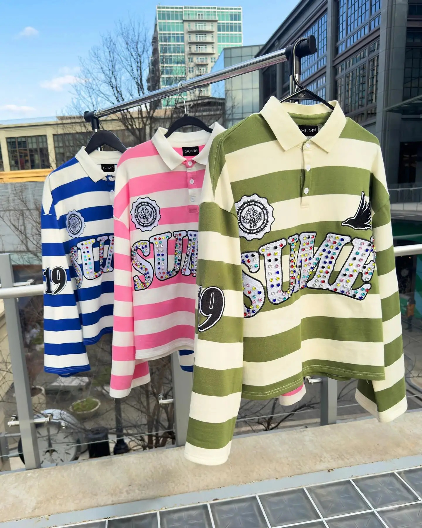 Sume Gothic Klein Stone Embroidery Loose Long Sleeved T Shirt Y2k Harajuku Hip Hop Men Women Stripe Polo Shirt Lapel Neck Shirt 250614