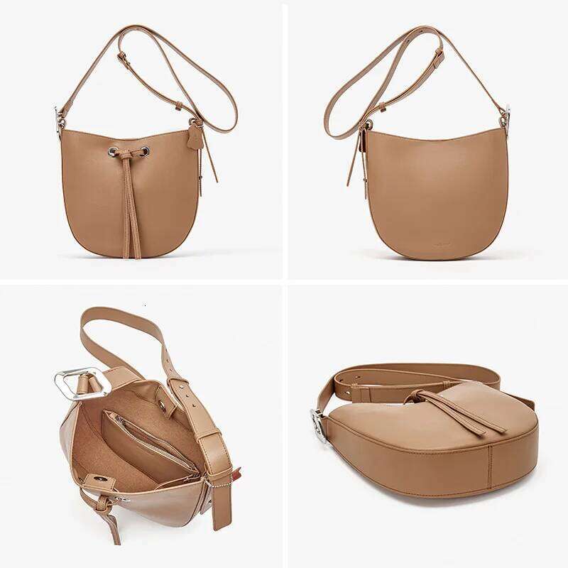 BeauToday Shoulder Handbags Women Genuine Cow Leather Metal Buckle Solid Long Strap Bucket Simple Casual Female Bag 61017