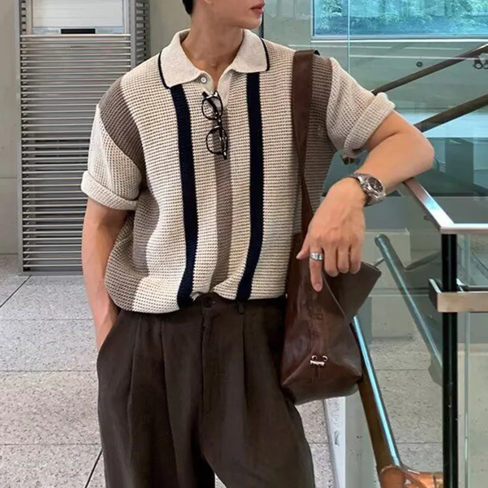 Summer Mens Striped Hollow Color Matching Short-Sleeved Polo Shirt Retro Casual Fashion Trend Loose Breathable Mens Tops 250614