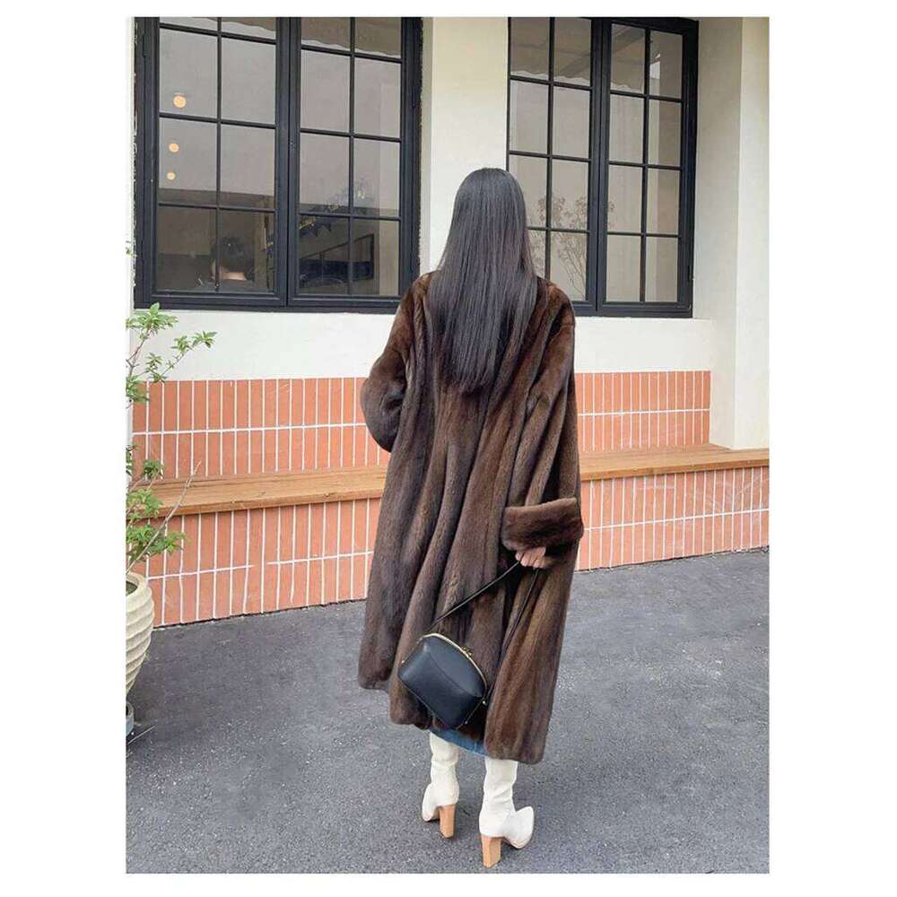 2024 Women Winter Jacket V-Neck Loose Fashionable Warm Ecological Mink Fur Lady Coat Casual Long Parkas Brown
