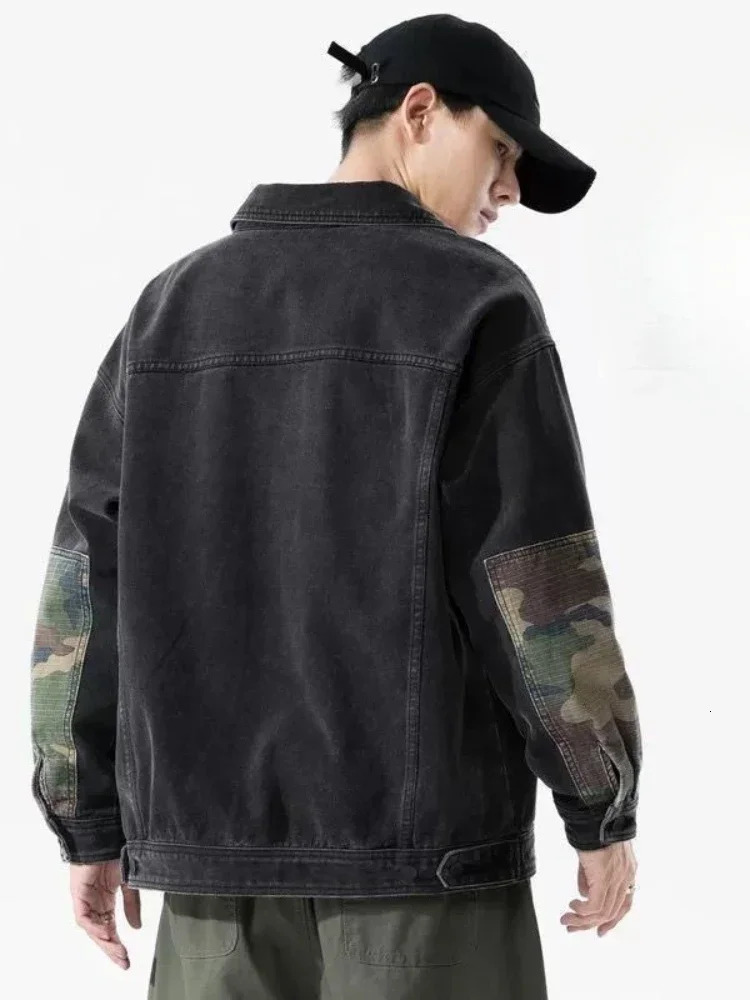 Jeans Coat for Men Wide Sleeves Black Denim Jackets Man Cargo Camouflage Fashion Big Size in One Piece Washed G Vintage L S 250614