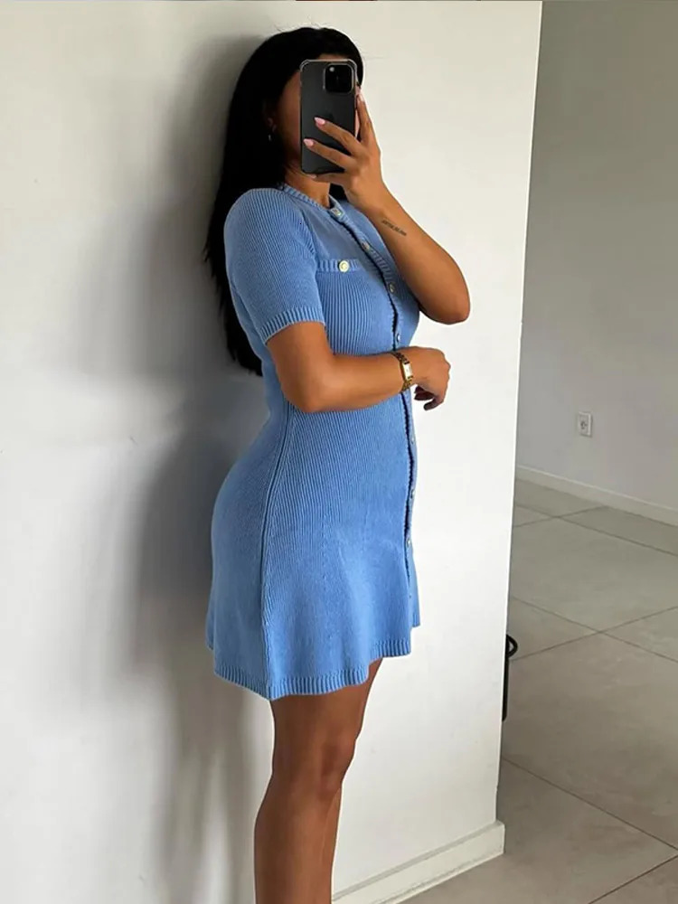 Fashion Women Knit Slim Mini Dress Elegant Single Breasted Solid Color Office Lady Daily Commuting Short Dresses 250611