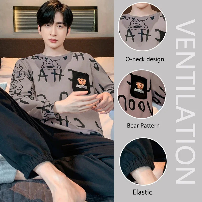 Two Piece Plus Size Men Pajamas Long Sleeve Loose Breathable Cartoon Bear Striped Letters Black Crew Neck Loungewear Set 250611