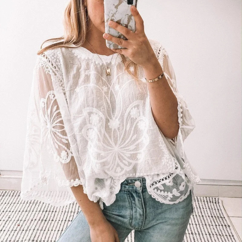 Fashion Elegant Blouse Women Chiffon Hollow Out Tops Spring Three Quarter Shirts Butterfly Flower Clothing 250614