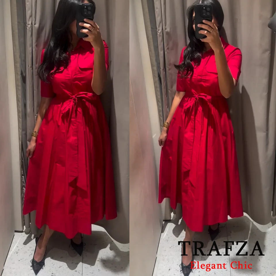 TRAFZA Women Romantic Red Belted Dress Lapel Pocket Long Spring Summer High Street Elegant Casual Holidays Dress 250611