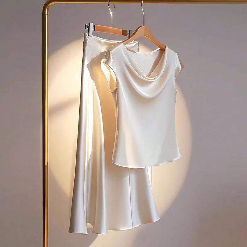 Elegance Light Mature Commuting Two Piece Set Women Summer Clothing High Temperament Short Sleeve Top Midi Skirt 250609