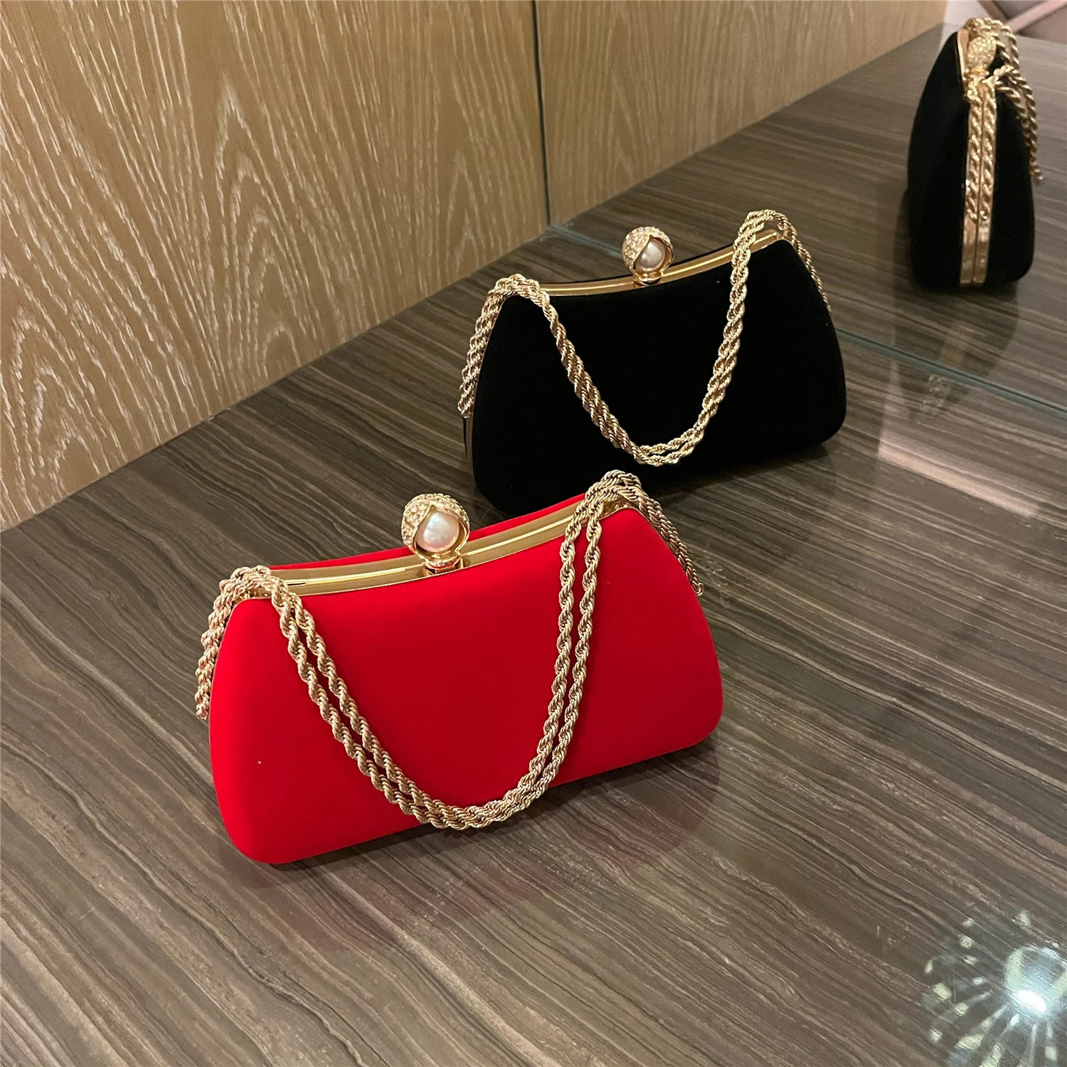 Luxury Velvet Evening Bag Party Clutch Fashion Pearl Chain Handbag 250614