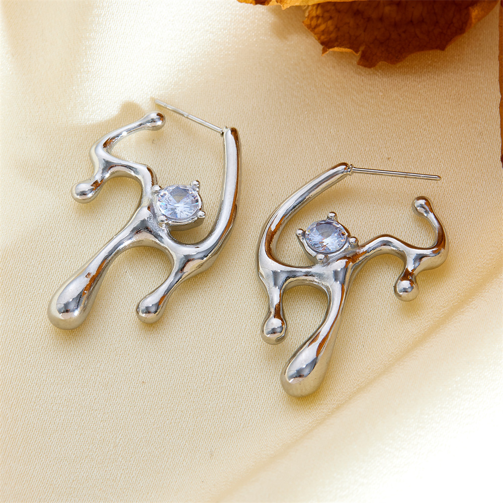 Unique Style Stainless Steel Gold-Plated Micro-Paved Zircon Irregular Geometric Lava Stud Earrings