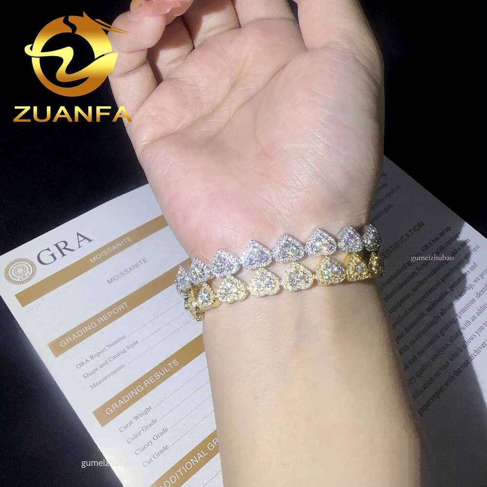 Fine 8mm Heart Shape VVS Link Bracelet Sier Moissanite Hip Hop Jewelry Cuban chain for men women