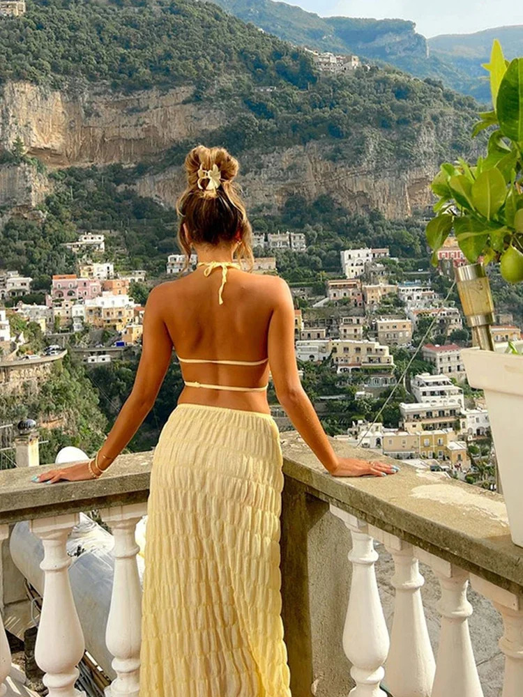 Elegant Halter Dress: Women's Sleeveless Lace-Up Backless Long Dress for Summer Beach Holiday C260312
