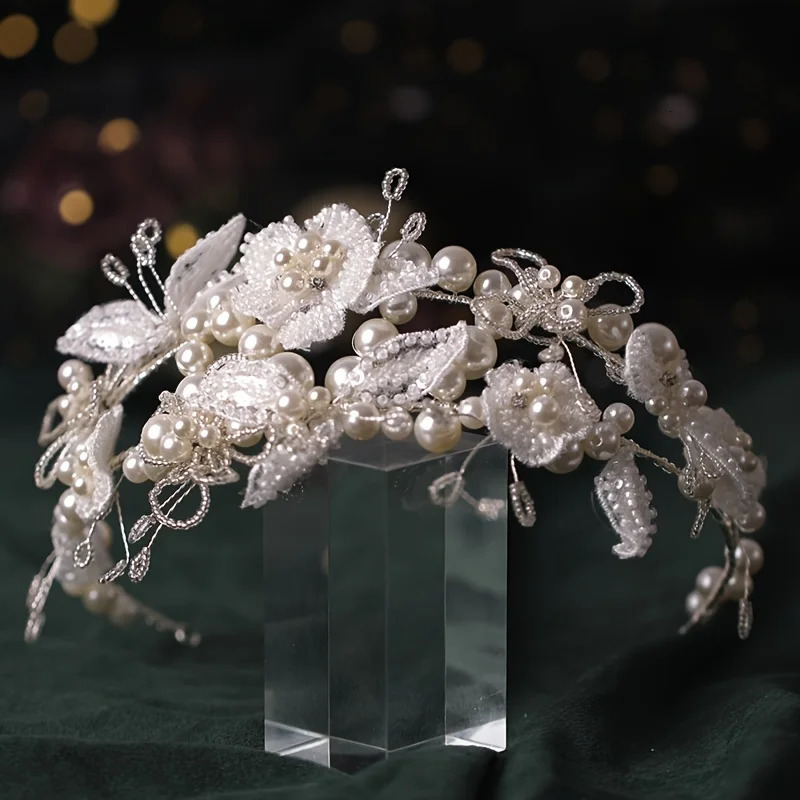 Silver Color Pearl Crystal Hairband Tiara Headbands Bridal Hair Jewelry Wedding Hair Accessories Flower Women Party Hair Vines 250610