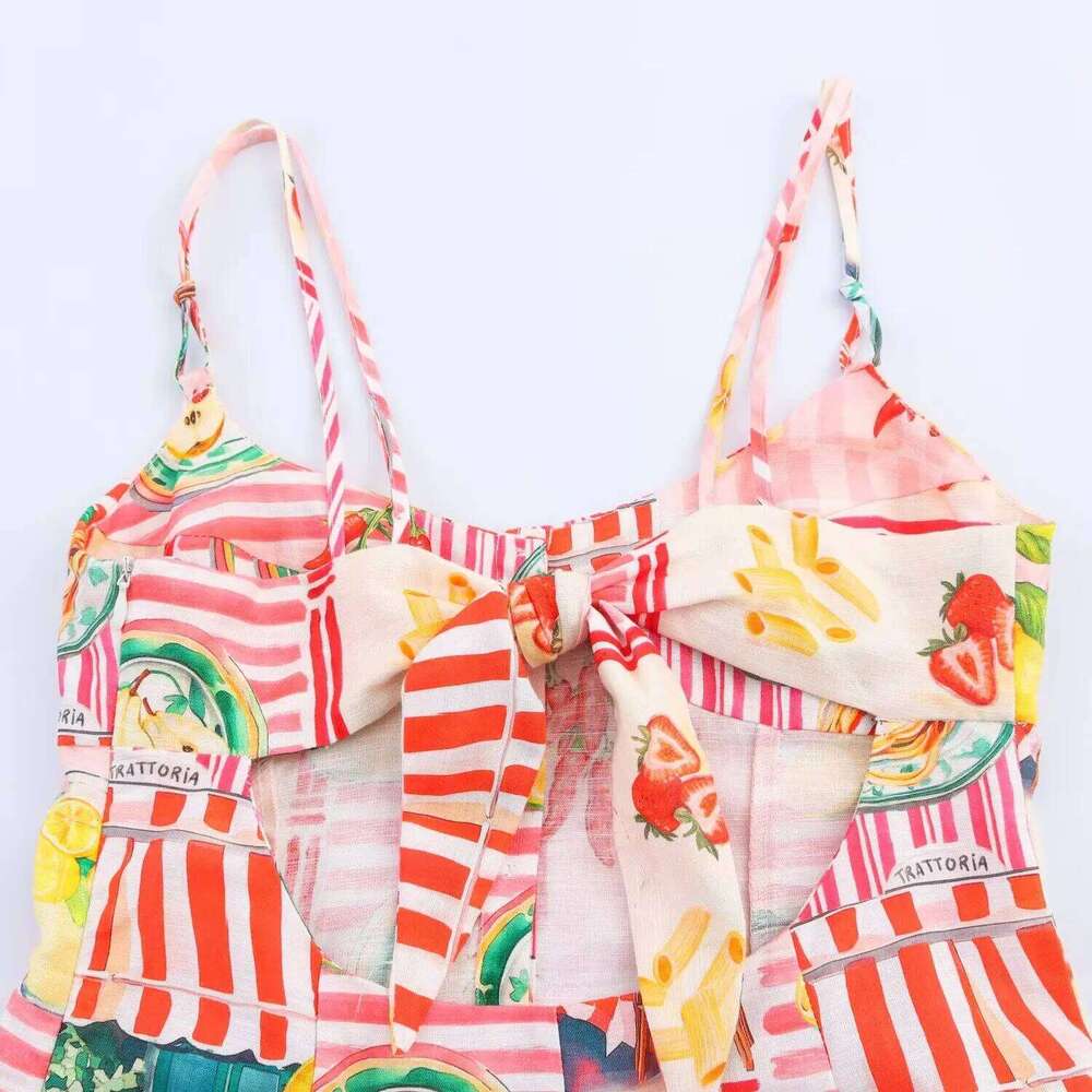 Womens Elegant Sexy Square Neck Sleeveless Spaghetti Strap Linen Blend Mid Length Printed Dress With Back Cut - Out