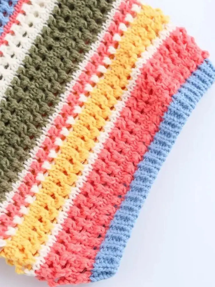 TRZAWomens Striped Crochet Knit Crop Sweater Polo Collar Short Sleeve Buttonup Female Outerwear Chic Tops Fashion 250612