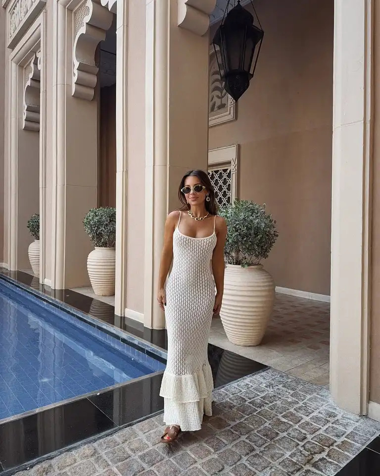 Elegant Backless Hollow Out Knit Long Dresses Summer Layered Ruffles Edge Bodycon Maxi Dress Vacation Beach Robes 250611