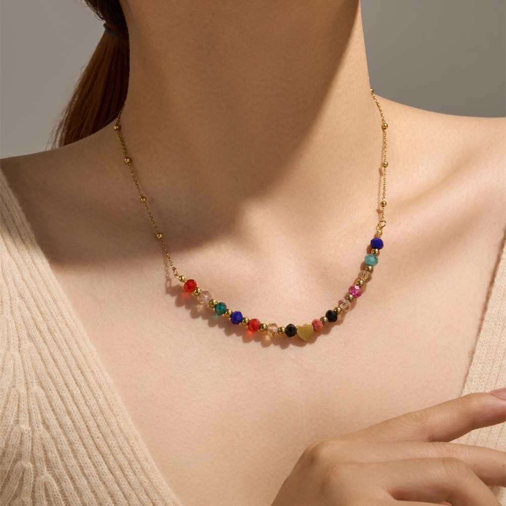 Fashion Light Personality Versatile Colorful Beaded Heart Necklace for Women Design Titanium Steel Non-Fading Jewelry