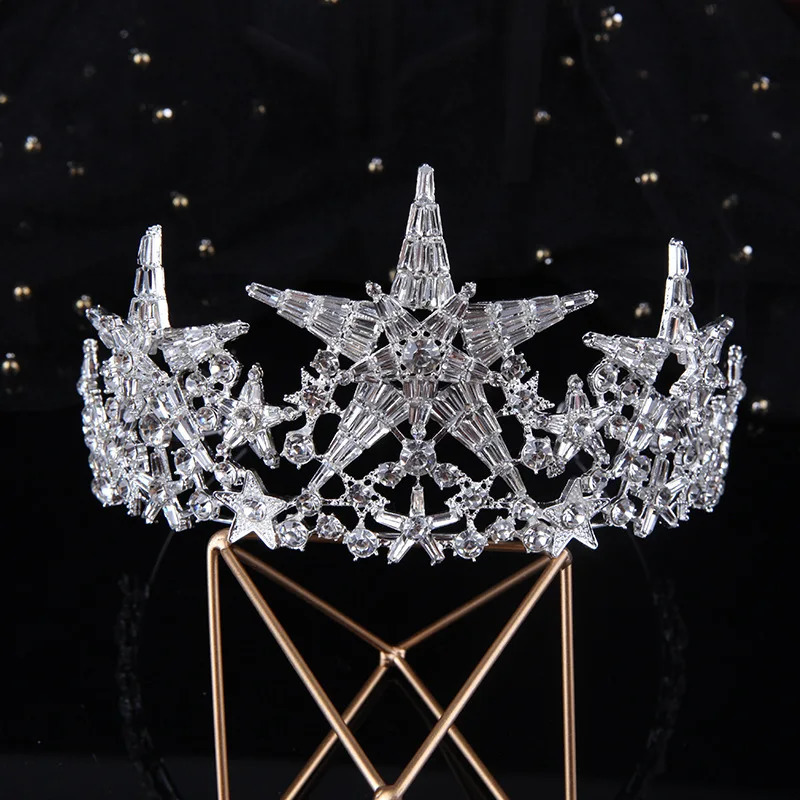 Baroque Sparkling Crystal Star Bridal Tiaras Crown Big Rhinestone Pageant Diadema Bride Headband Wedding Hair Accessories 250610