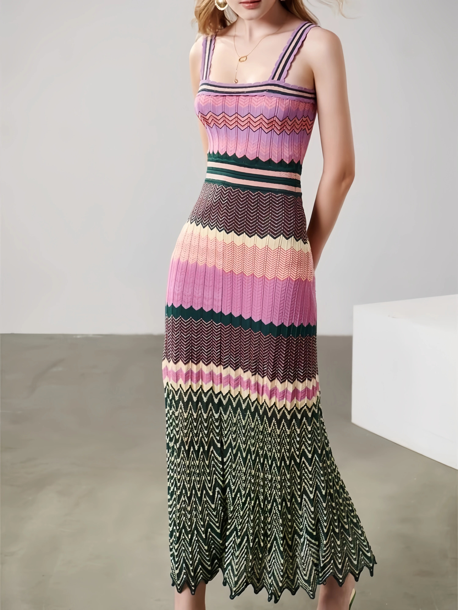 y Arab Women Strap Tank Long Zigzag Casual Vacation Fancy Boho Maxi Dress Elegant Vintage Sundress Female Holiday Clothing 250611