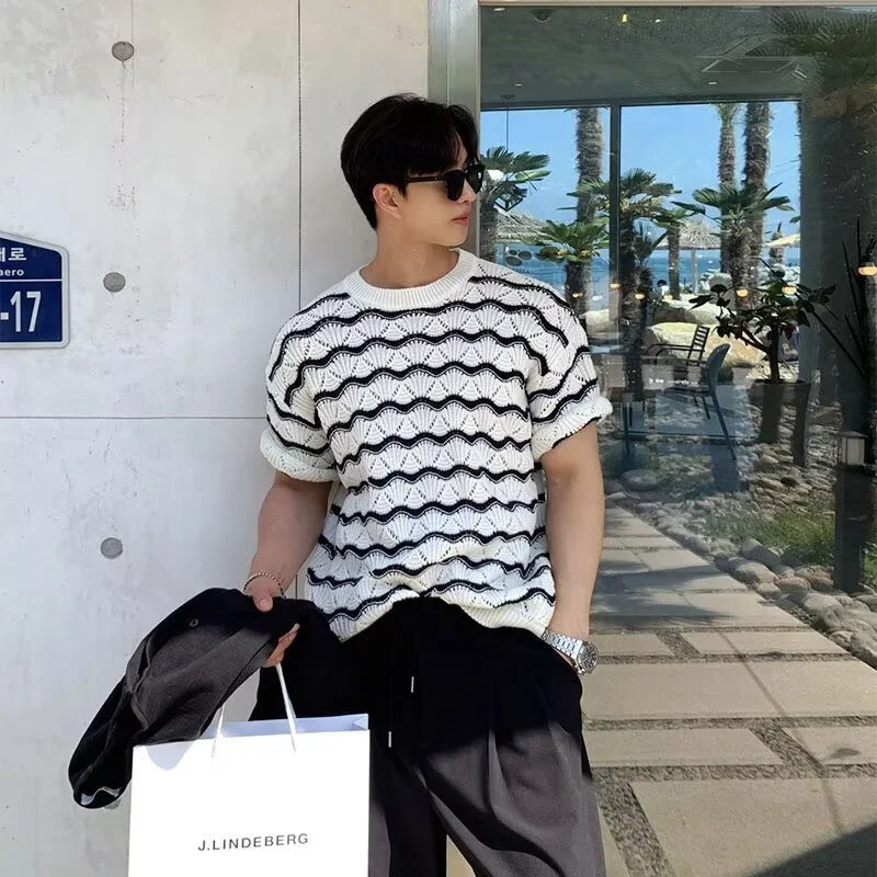 Summer Mens Knit Jacquard Short Sleeve T-shirts Striped Hollow Out Casual Tshirts Y2K Vintage Streetwear Tee Tops 250614