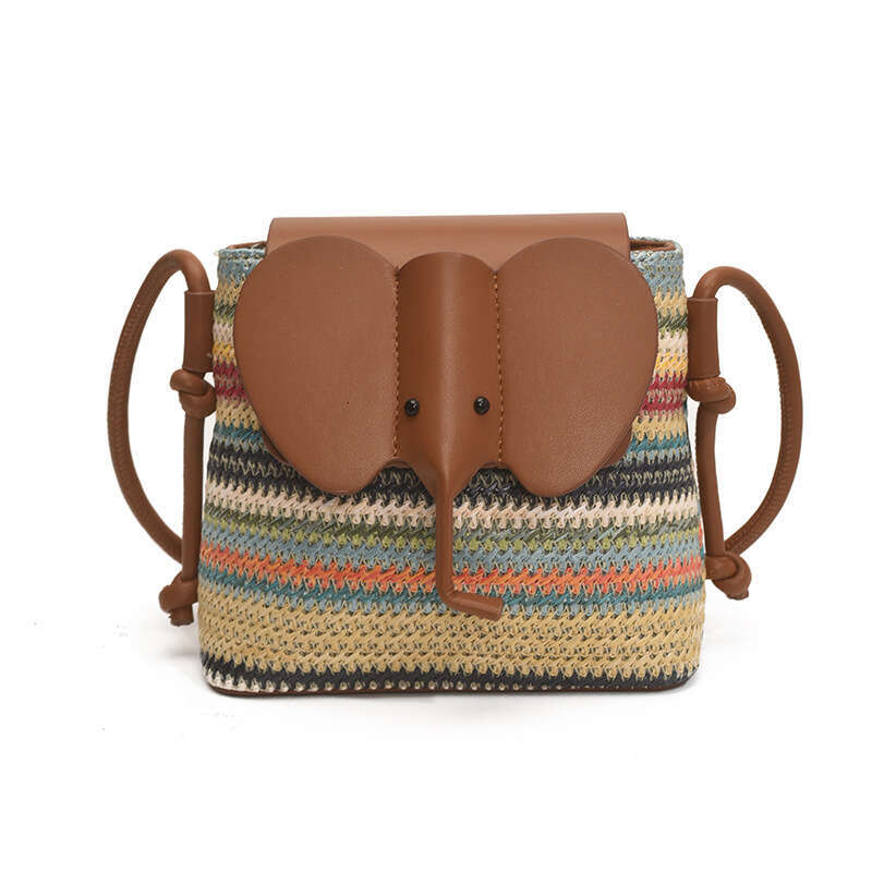 Summer New Bucket for Women Rainbow Elephant Woven Commuter Shoulder Crossbody Small Bag