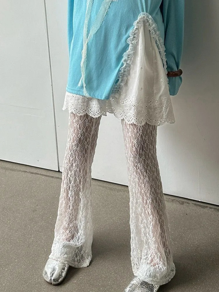 Sexy Lace Mesh White Pants for Women Y2k High Waist Hollow Out Flare Summer Thin Allmatch Straight Trousers 250612