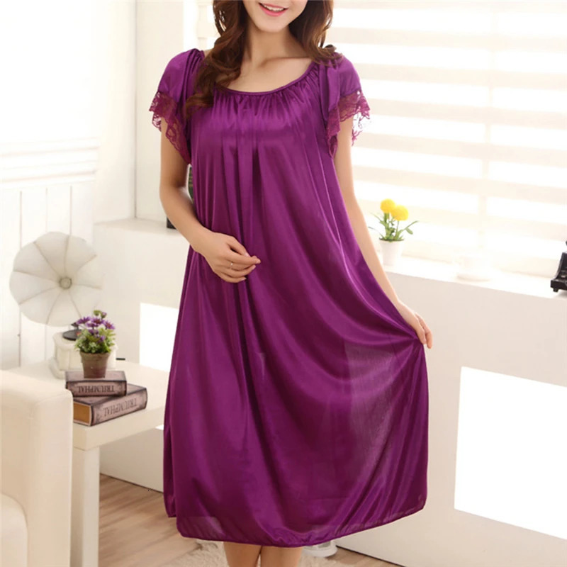 Women Night Gowns Sleepwear Lace Patchwork Nightwear Long Sleeping Dress Casual Ladies Home Dressing 250611