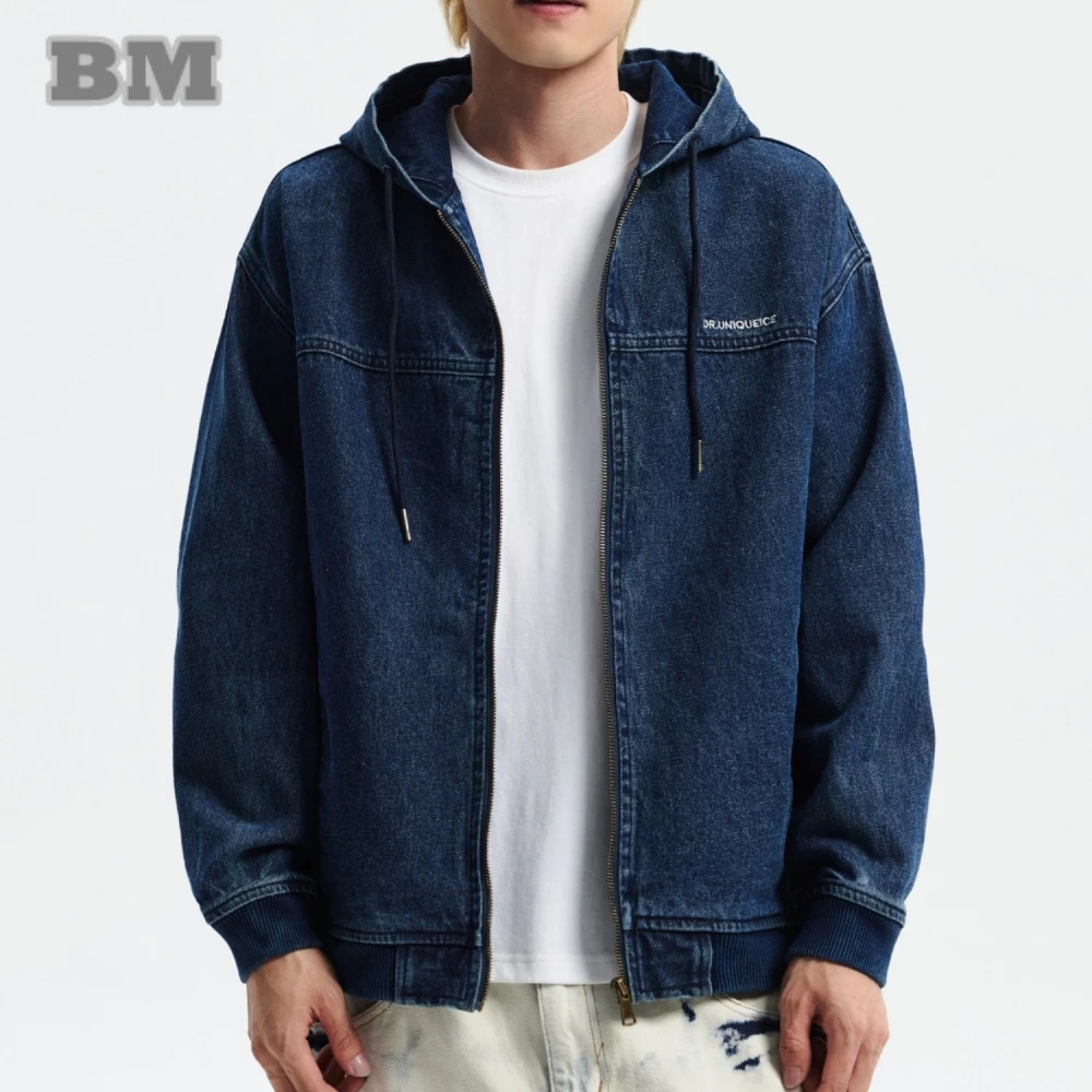 American Streetwear Hooded Denim Coat Plus Size Jacket Men Clothing Japanese Harajuku High Quality Casual Zipper Hoodie 250614