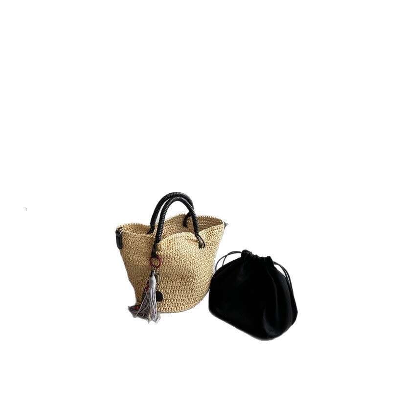 Straw Beach Tote For Women New Trendy Color Block Cowhide Straw Fashion Simple Tassel Handmade Woven Mother Bag Straw Large Tote